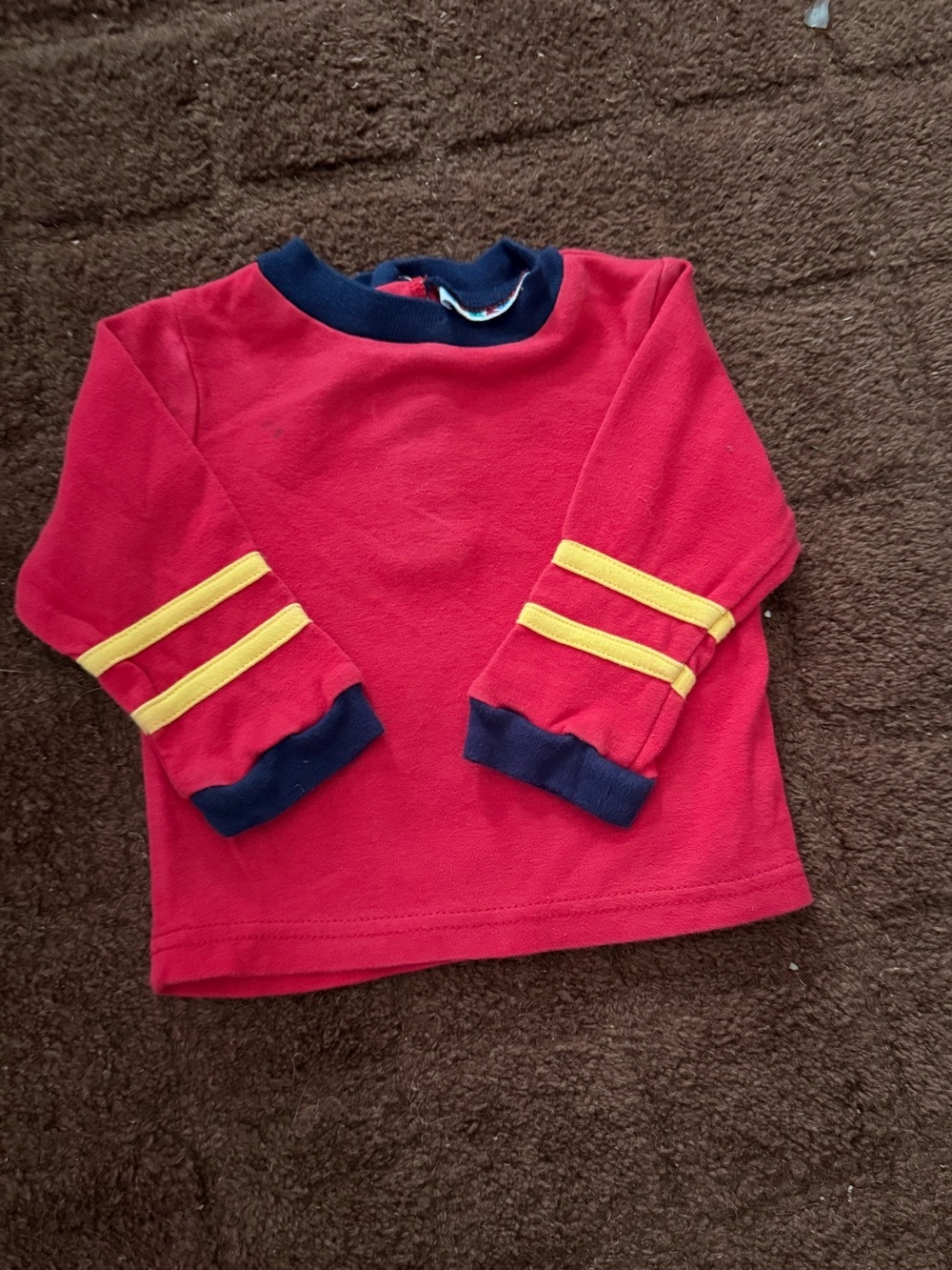 Vintage 12month  Red Long-Sleeve Top with Navy Trim and Yellow Stripe Accents